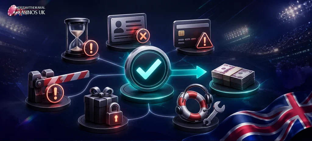 Common withdrawal issues are shown through pending checks, limits and clear resolution paths